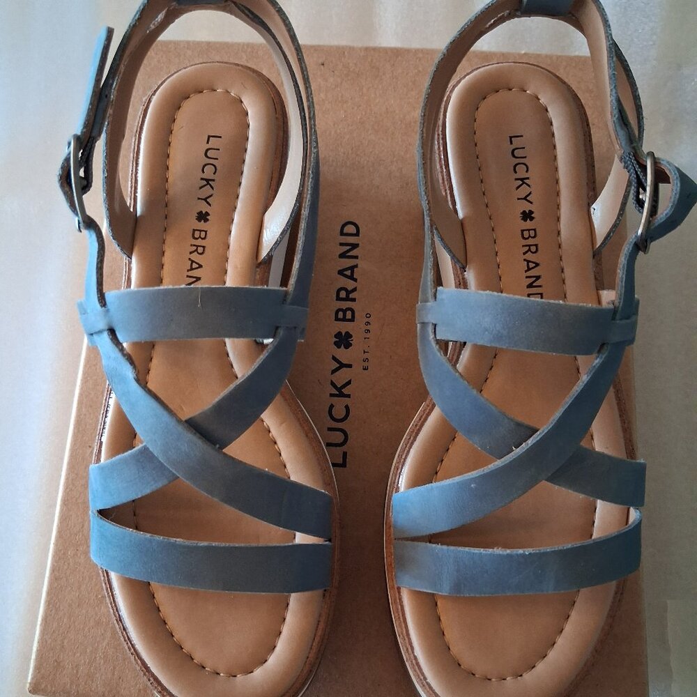 Lucky Brand Blue with White Accent Espadrille Wedge Sandals - size 6 - Picture 2 of 6